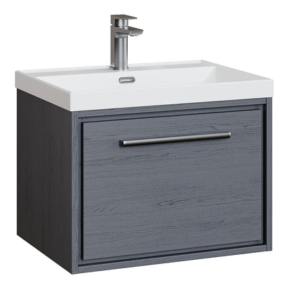 Fairford Tisse Graphite Grey Woodgrain 600mm 1 Drawer Wall Hung Vanity Unit with Thin Edged Basin