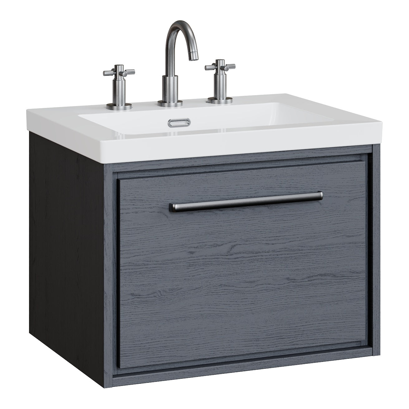 Fairford Tisse Graphite Grey Woodgrain 600mm 1 Drawer Wall Hung Vanity Unit with 3 Tap Hole Basin