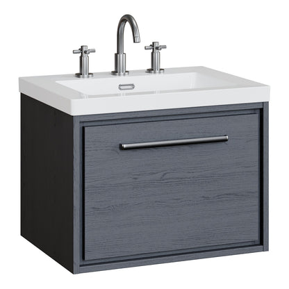 Fairford Tisse Graphite Grey Woodgrain 600mm 1 Drawer Wall Hung Vanity Unit with 3 Tap Hole Basin