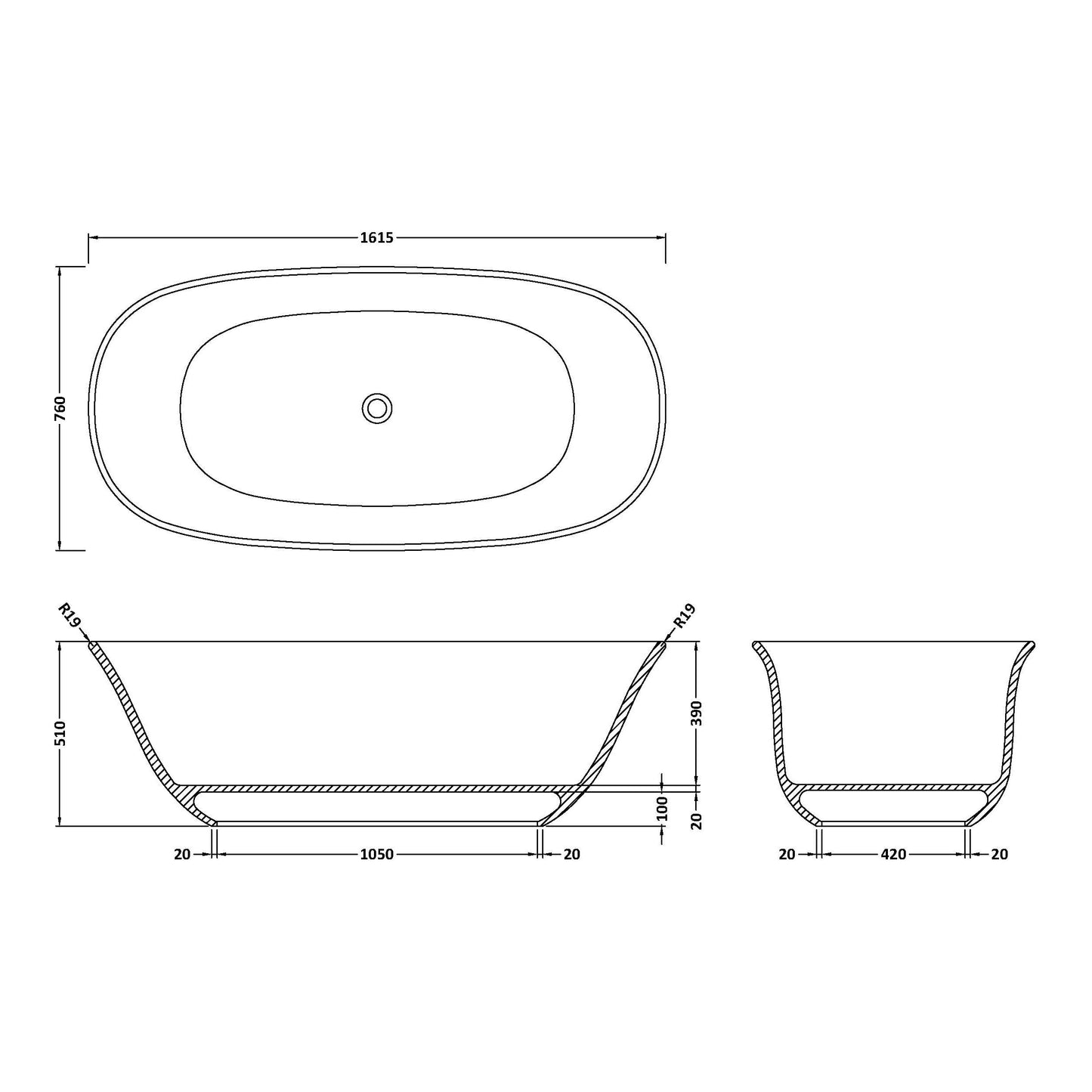 Fairford Spello 1680 x 750 x 570mm Polished Freestanding Bath