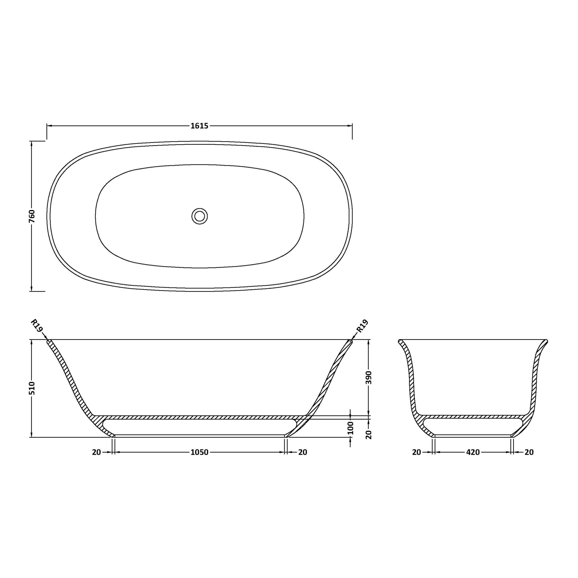 Fairford Spello 1680 x 750 x 570mm Polished Freestanding Bath