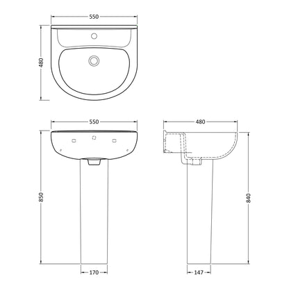 Fairford Kingsly 550mm 1 Tap Hole Basin and Full Pedestal