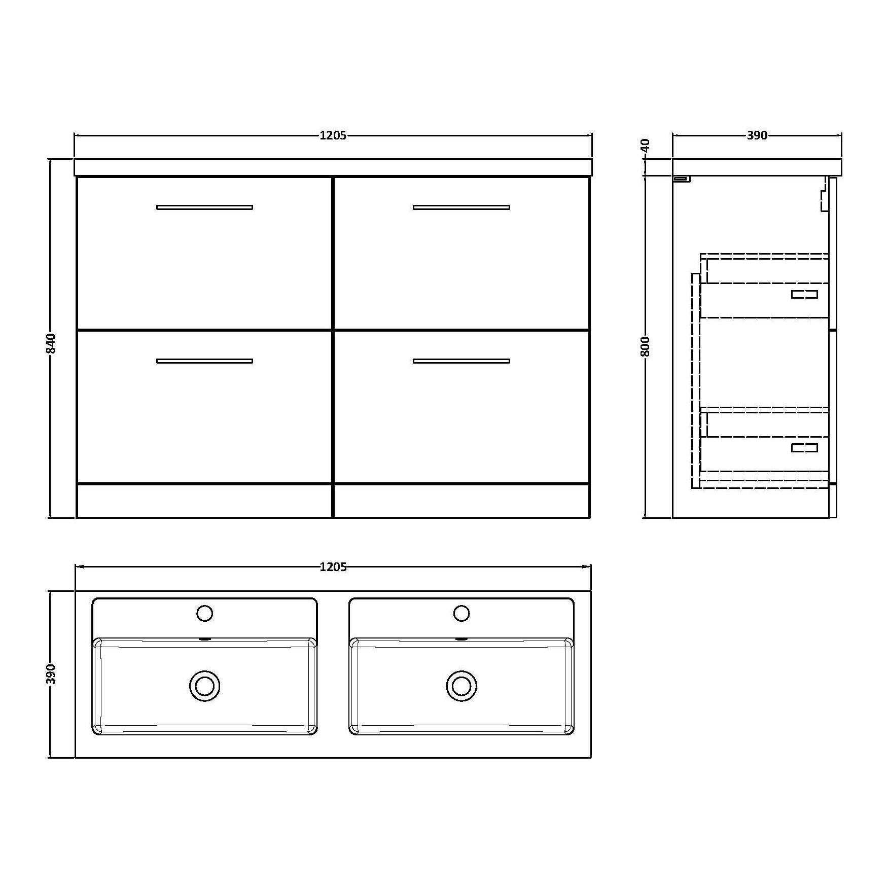 Fairford Aspri Soft Black 1200mm Floorstanding Double Vanity Unit with 4 Drawers and Basin