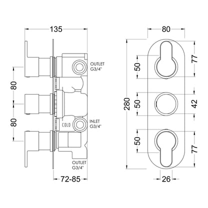 Fairford Element 10 Chrome Round Concealed Triple Shower Valve with Diverter, 3 Outlet