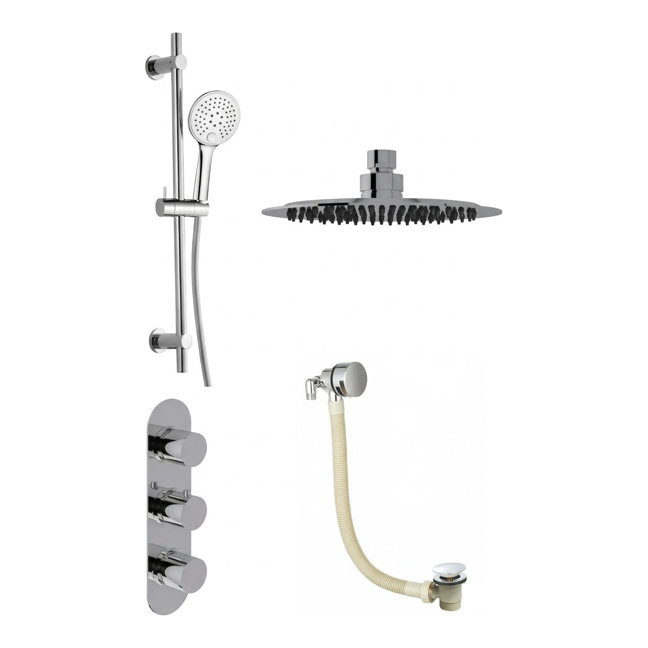 Fairford Element 5 Concealed Shower Kit with Slide Rail Kit, Ceiling Mounted Rain Head and Bath Overflow Filler, Chrome