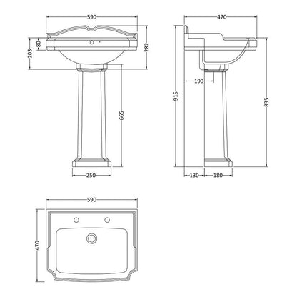 Fairford Winchester 580mm 2 Tap Hole Basin with Full Pedestal