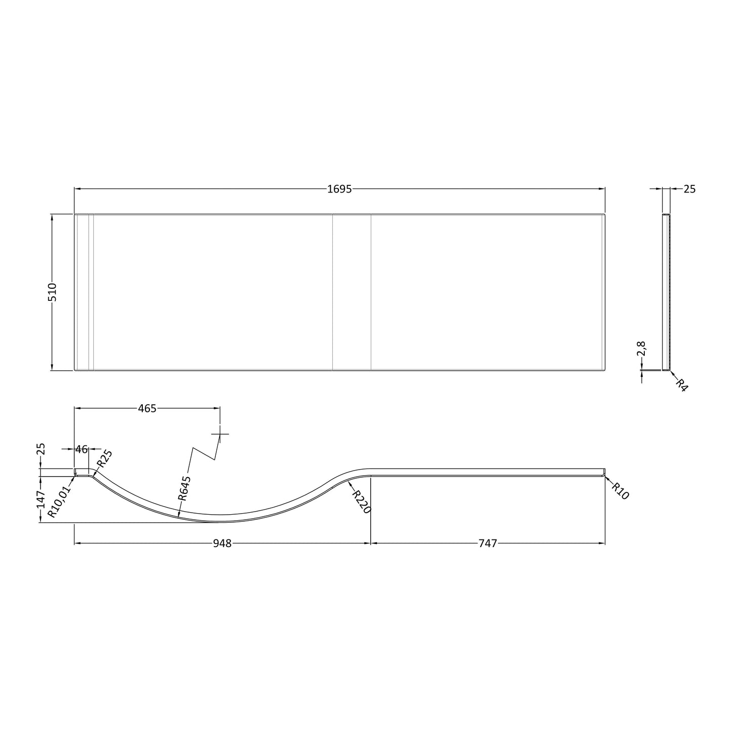 Fairford 1700mm Acrylic P Shape Bath Panel