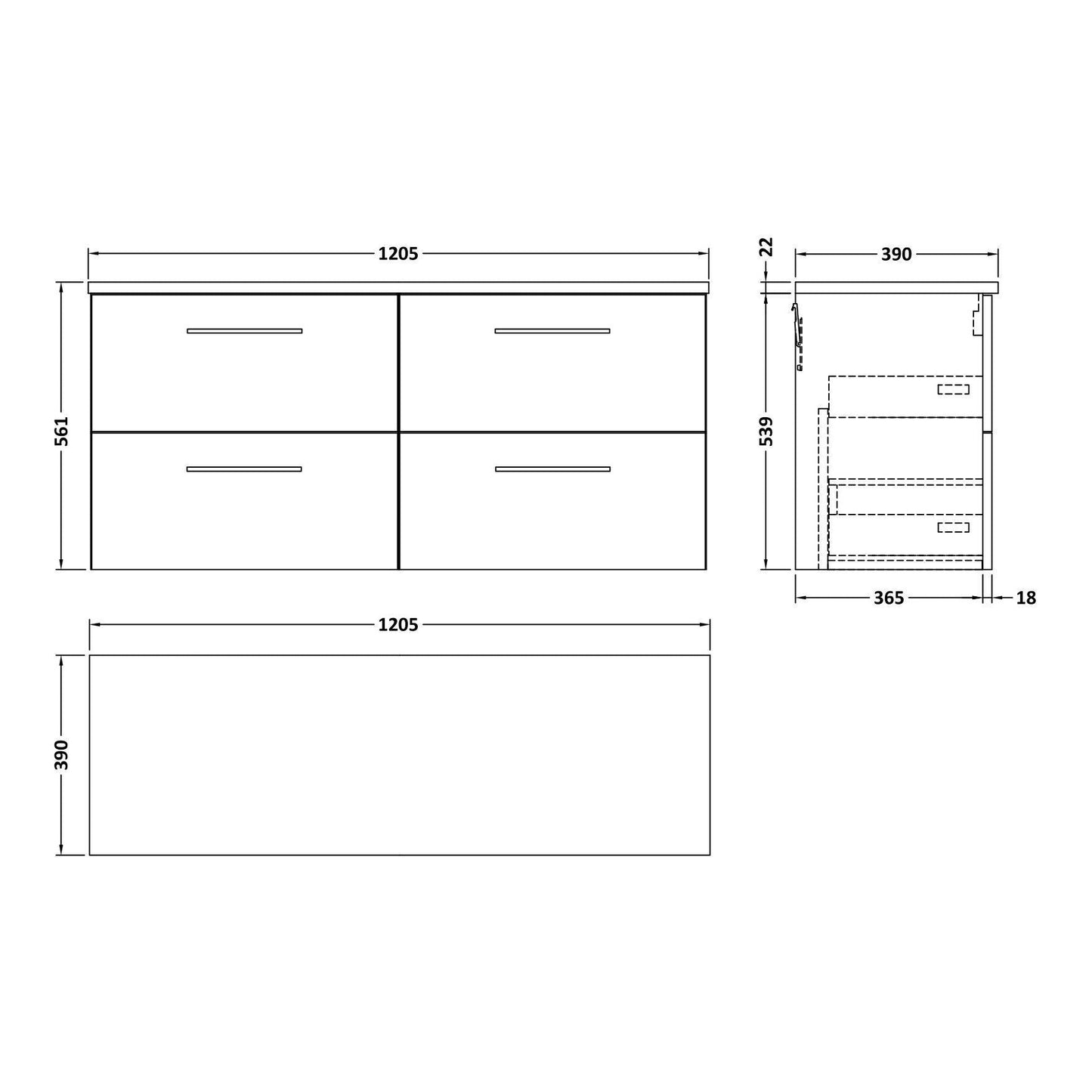 Fairford Aspri Soft Black 1200mm 4 Drawer Wall Hung Vanity Unit with Worktop