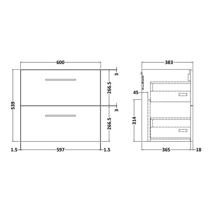 Fairford Aspri Soft Black 600mm 2 Drawer Wall Hung Vanity Unit