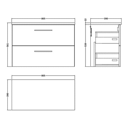 Fairford Aspri Solace Oak 800mm 2 Drawer Wall Hung Vanity Unit with Worktop