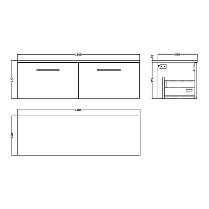 Fairford Aspri Black Woodgrain 1200mm 2 Drawer Wall Hung Vanity Unit with Worktop