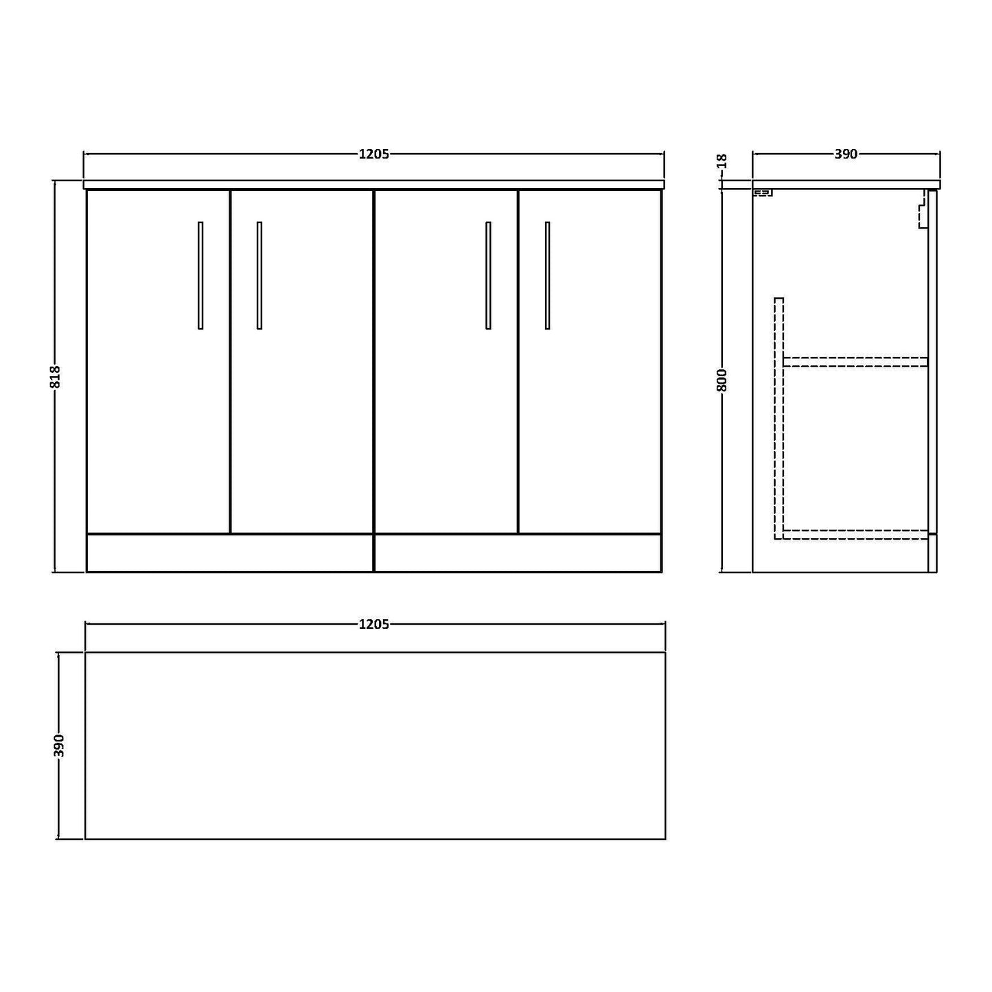 Fairford Aspri Black Woodgrain 1200mm 4 Door Floorstanding Vanity Unit with Worktop