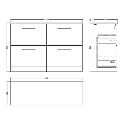 Fairford Aspri Black Woodgrain 1200mm 4 Drawer Floorstanding Vanity Unit with Worktop