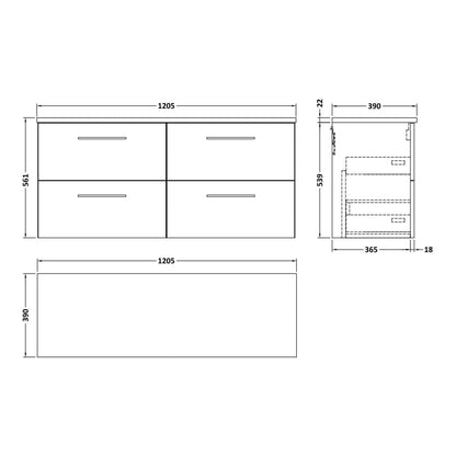 Fairford Aspri Black Woodgrain 1200mm 4 Drawer Wall Hung Vanity Unit with Worktop