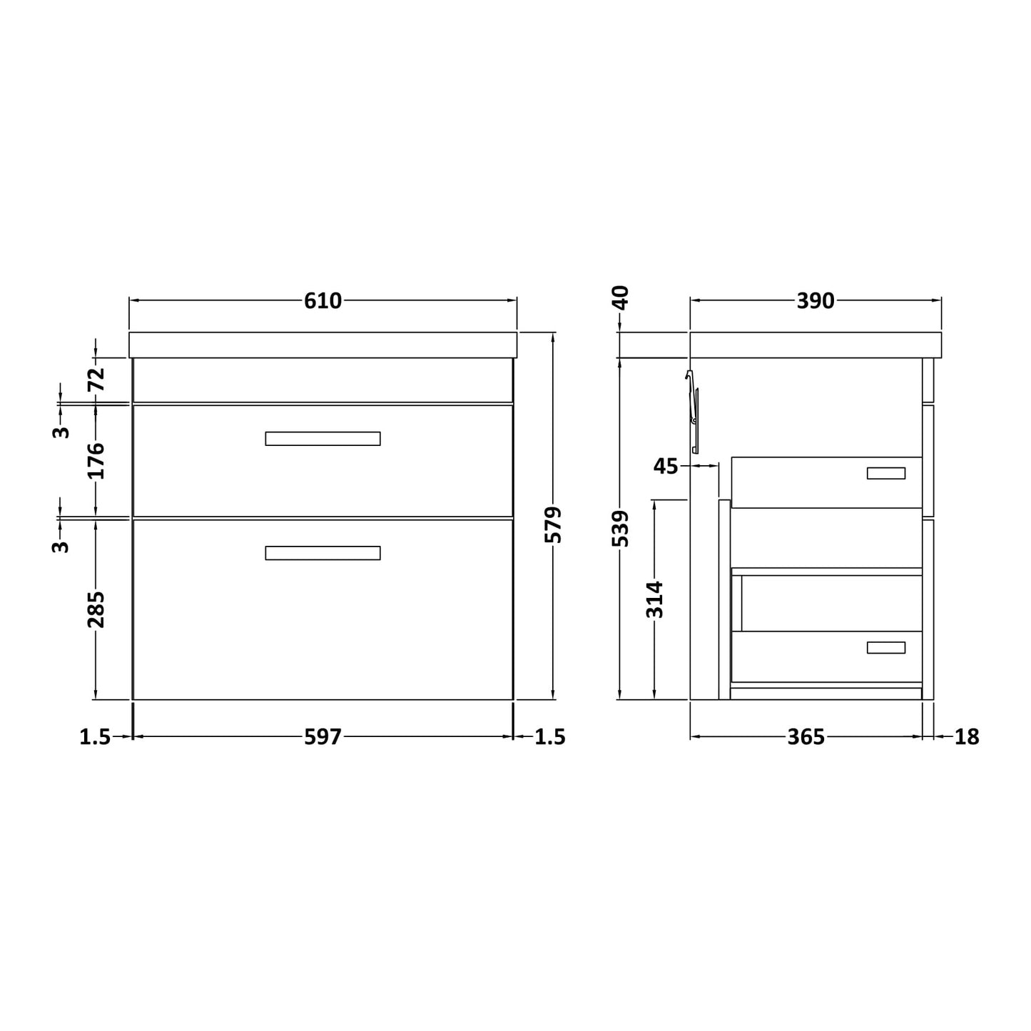 Fairford Carnation 600mm Gloss White Wall Hung 2 Drawer Vanity Unit