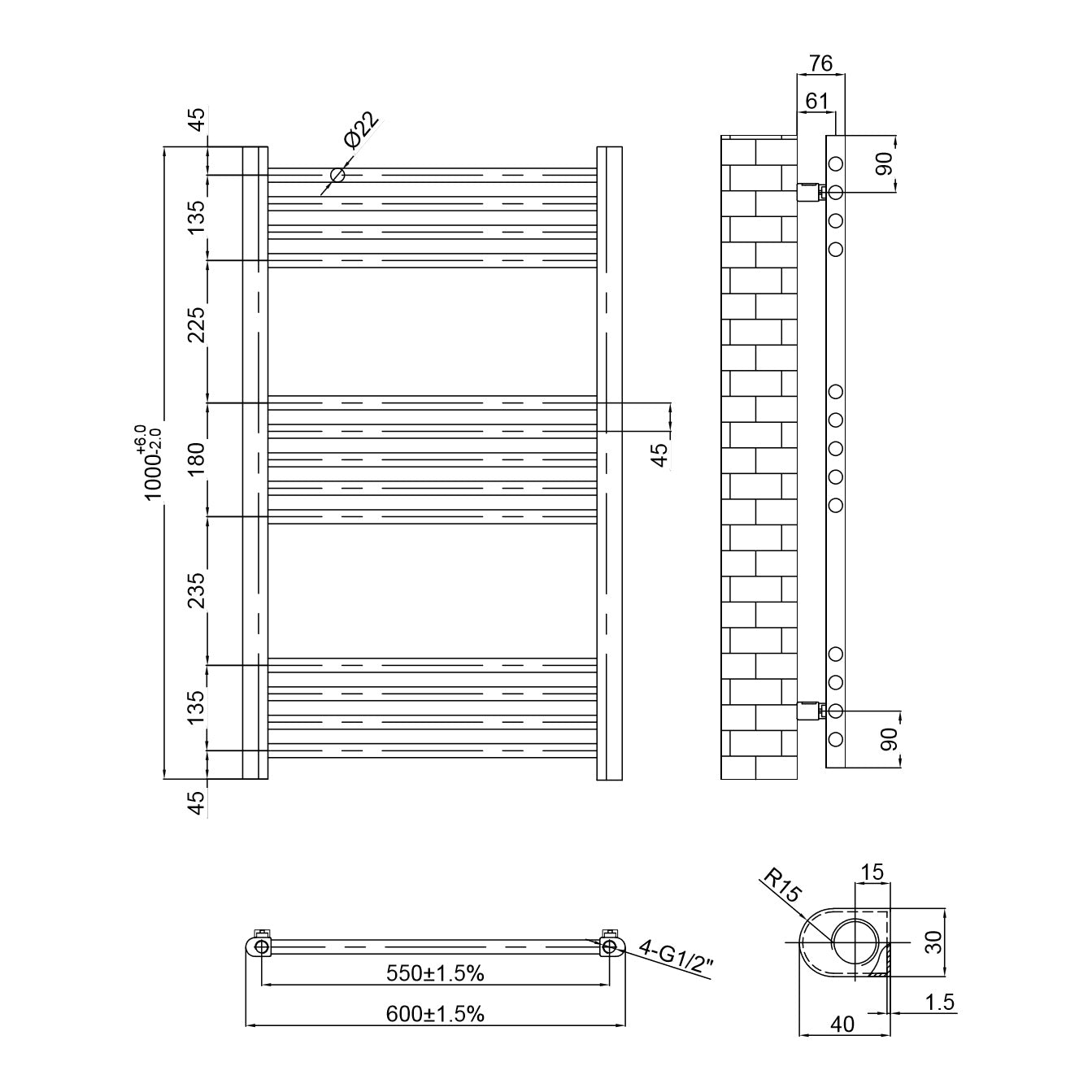 Fairford Metis 1000 x 600mm Matt Black Towel Rail