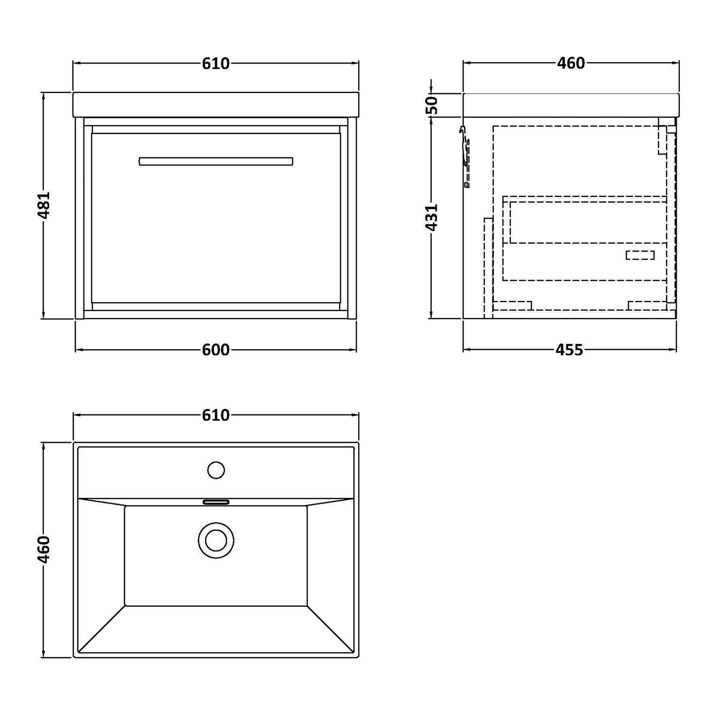 Fairford Tisse Pebble Grey 600mm 1 Drawer Wall Hung Vanity Unit with Thin Edged Basin
