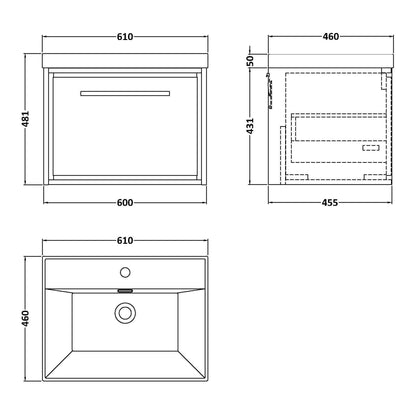 Fairford Tisse Pebble Grey 600mm 1 Drawer Wall Hung Vanity Unit with Thin Edged Basin