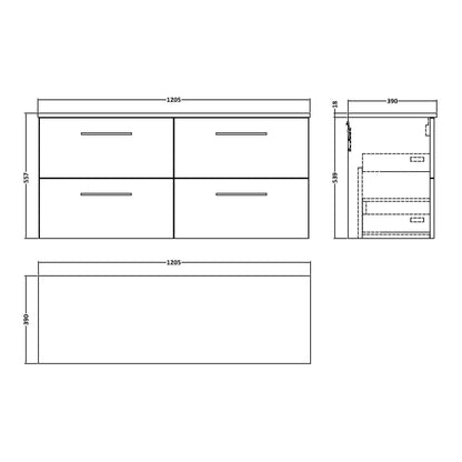 Fairford Aspri Bleached Oak 1200mm 4 Drawer Wall Hung Vanity Unit with Worktop