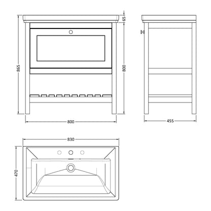 Fairford Juliette Satin Grey 800mm 1 Drawer Floorstanding Vanity Unit with 3 Tap Hole Basin