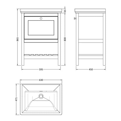 Fairford Juliette Satin White 600mm 1 Drawer Floorstanding Vanity Unit with 0 Tap Hole Basin