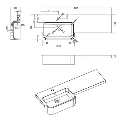 Fairford Union 1000mm Left Hand Round L Shape Semi Recessed Basin and Worktop