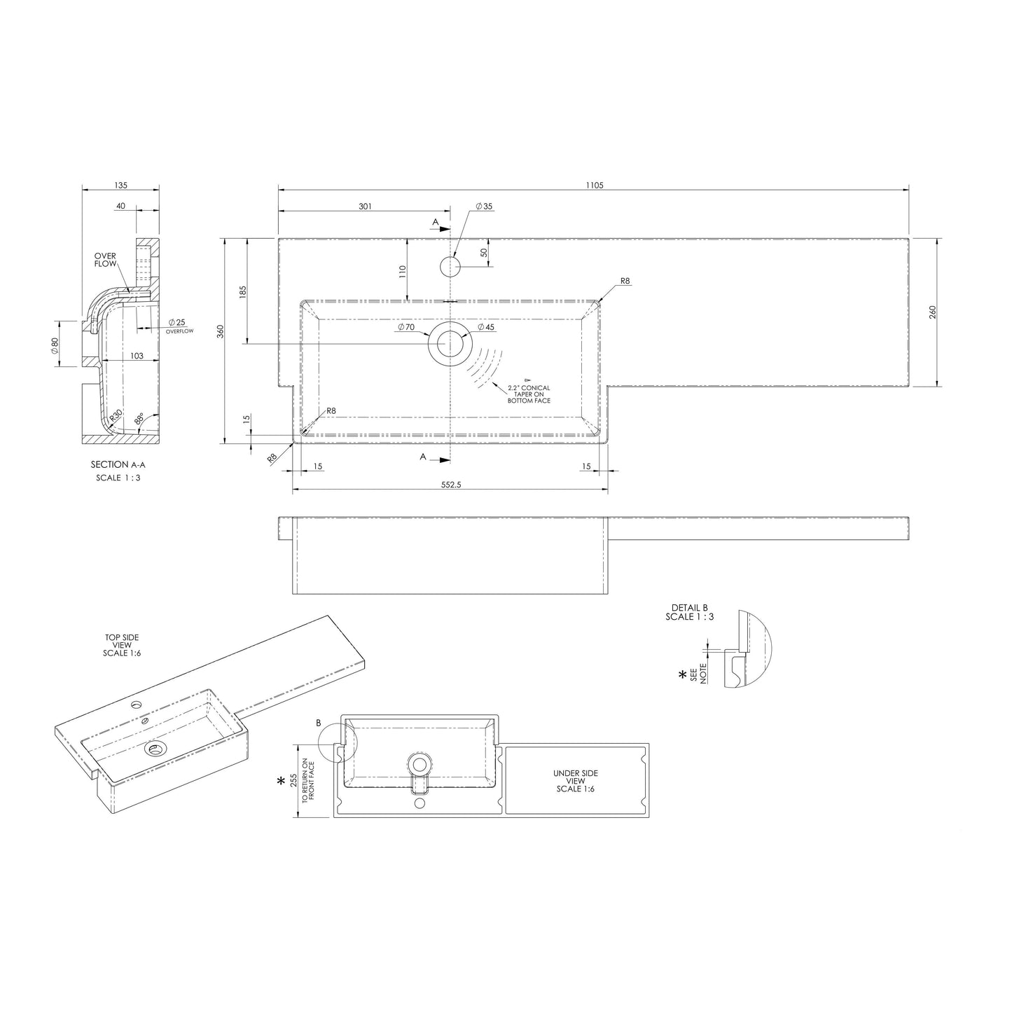Fairford Union 1100mm Right Hand Square L Shape Semi Recessed Basin and Worktop