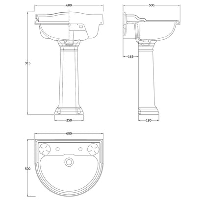 Fairford Winchester Pro 600mm 2 Tap Hole Basin and Pedestal