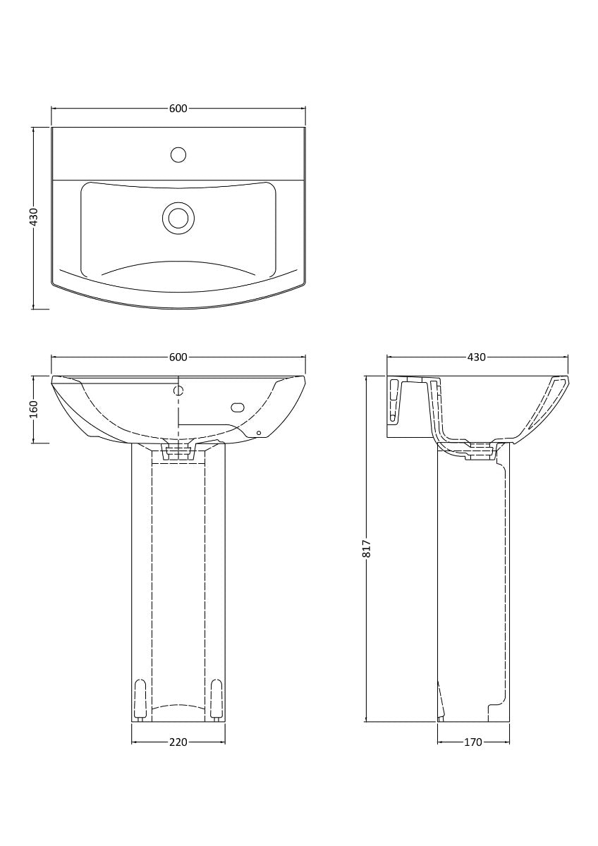 Fairford Nuna 600mm 1 Tap Hole Basin with Full Pedestal