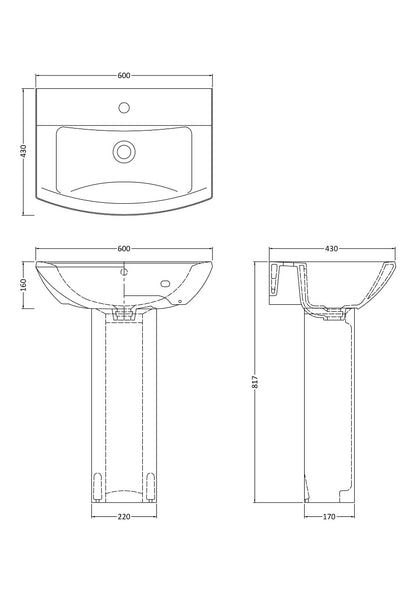 Fairford Nuna 600mm 1 Tap Hole Basin with Full Pedestal