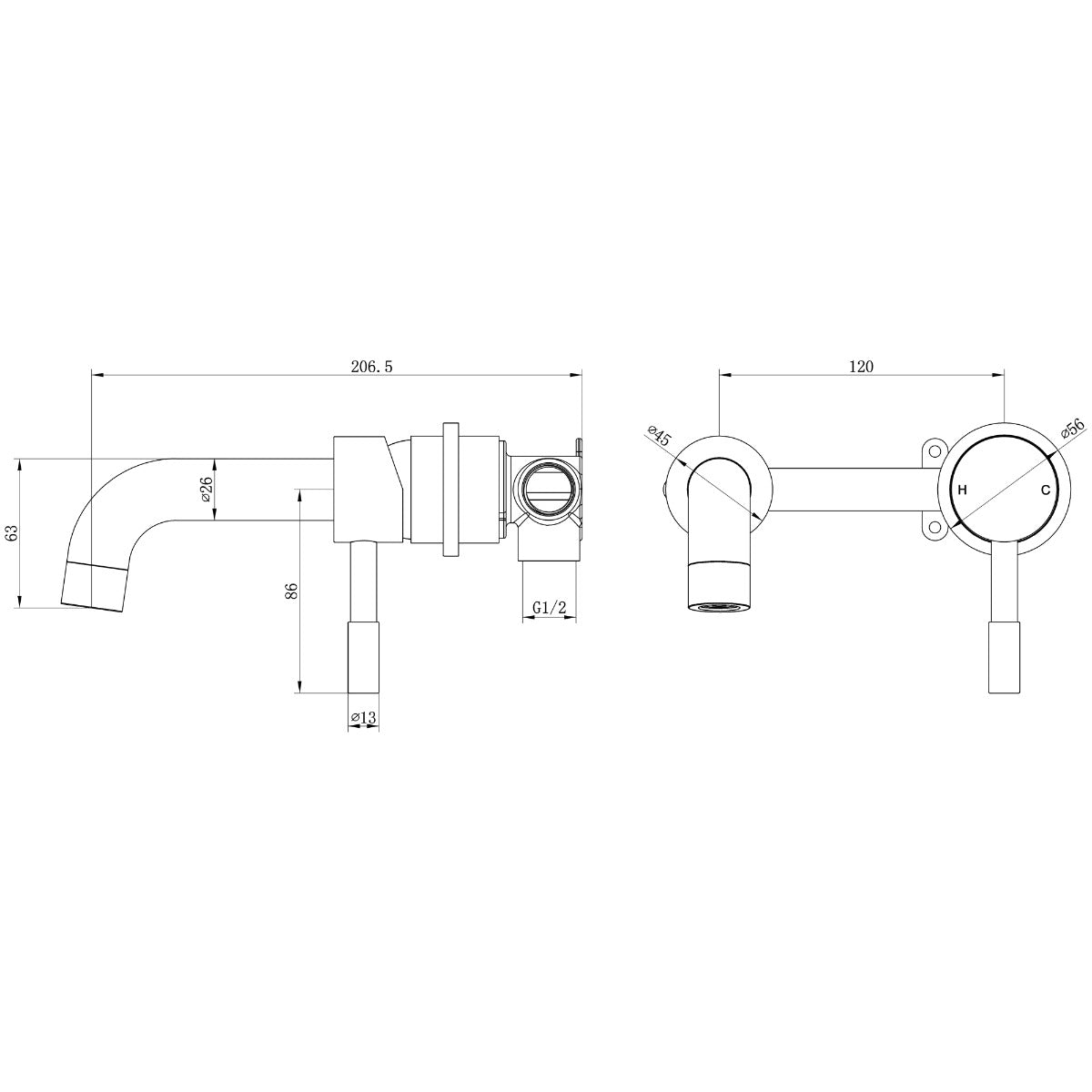 Fairford Element 5 Matt Black Wall Mount Basin Mixer, 2 Hole