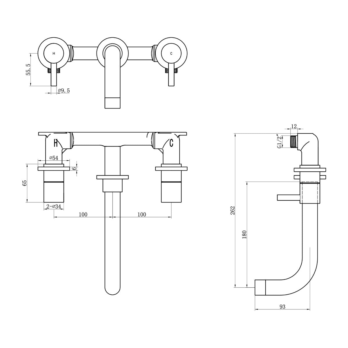 Fairford Element 5 Wall Mounted Basin Mixer, 3 Hole