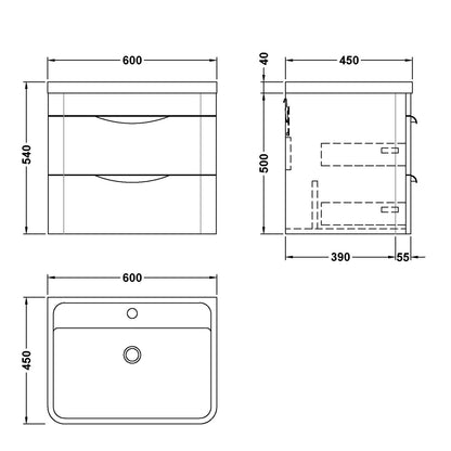 Fairford Flow 600mm 2 Drawer Satin Anthracite Wall Hung Vanity Unit