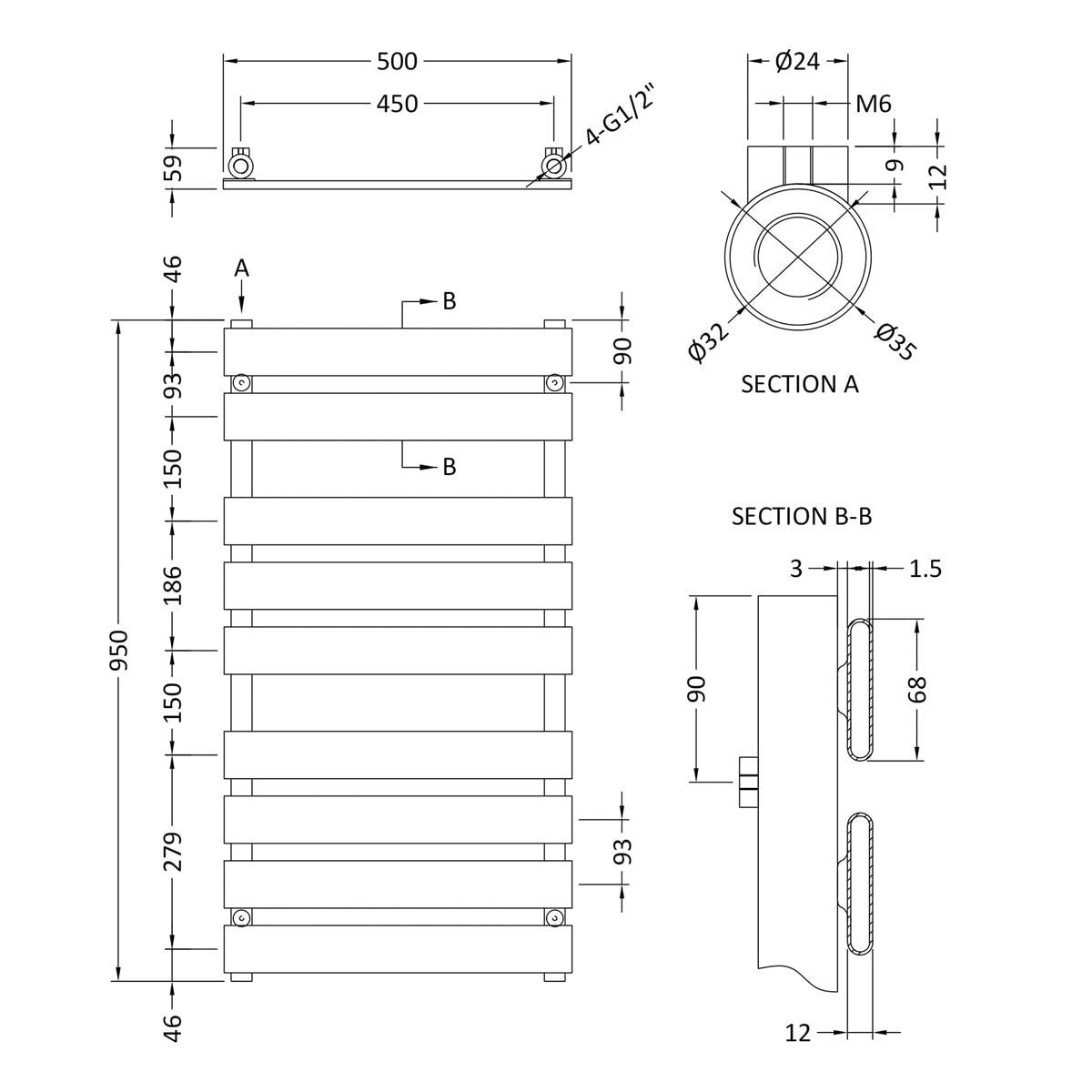 Fairford Chrome 950 x 500mm Flat Panel Towel Rail