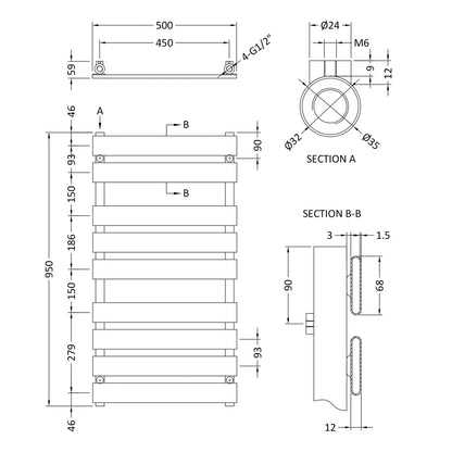 Fairford Chrome 950 x 500mm Flat Panel Towel Rail