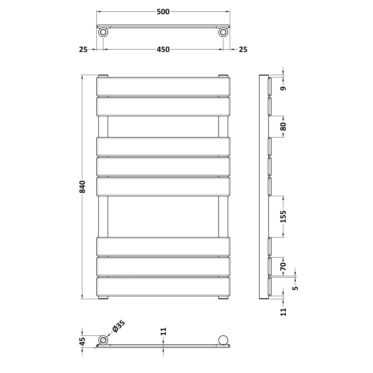 Fairford Brushed Brass 840 x 500mm Flat Panel Towel Rail