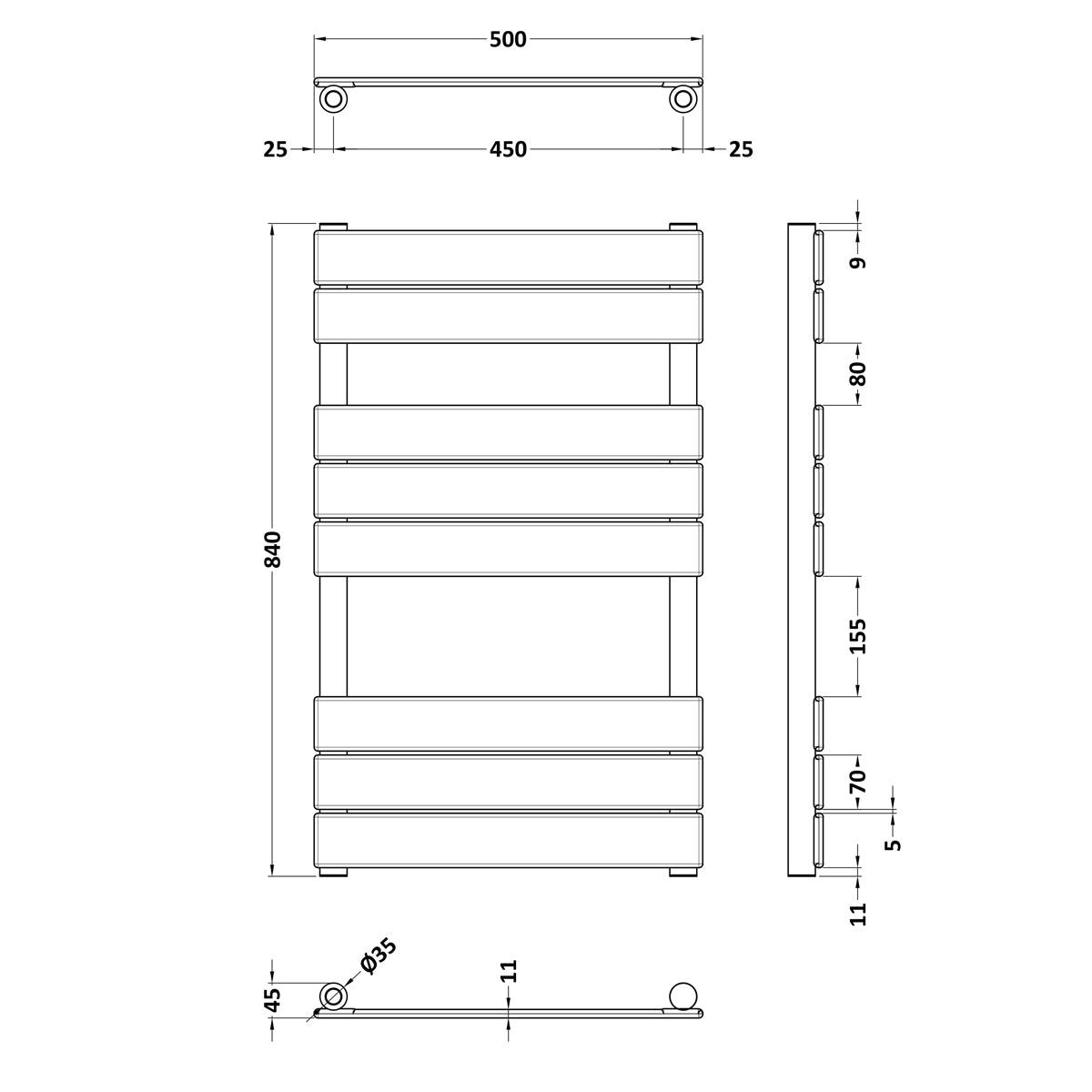 Fairford Matt Black 840 x 500mm Flat Panel Towel Rail