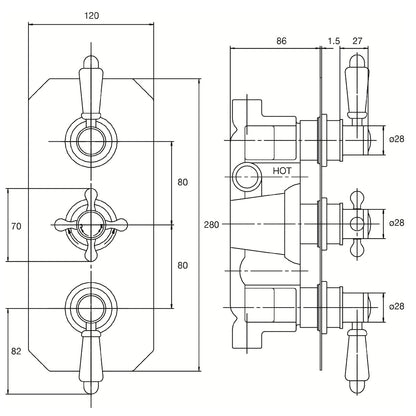 Fairford Hampden Concealed Triple Shower Valve, 2 Outlet