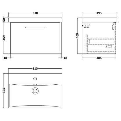 Fairford Anika 600mm Matt Blue 1 Drawer Wall Hung Vanity Unit