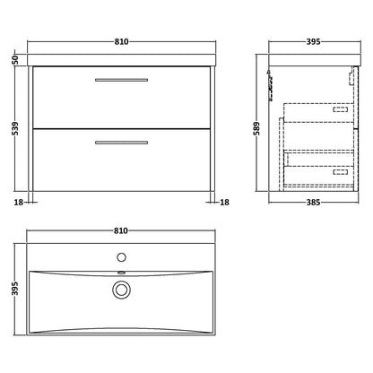 Fairford Anika 800mm Matt Blue 2 Drawer Wall Hung Vanity Unit