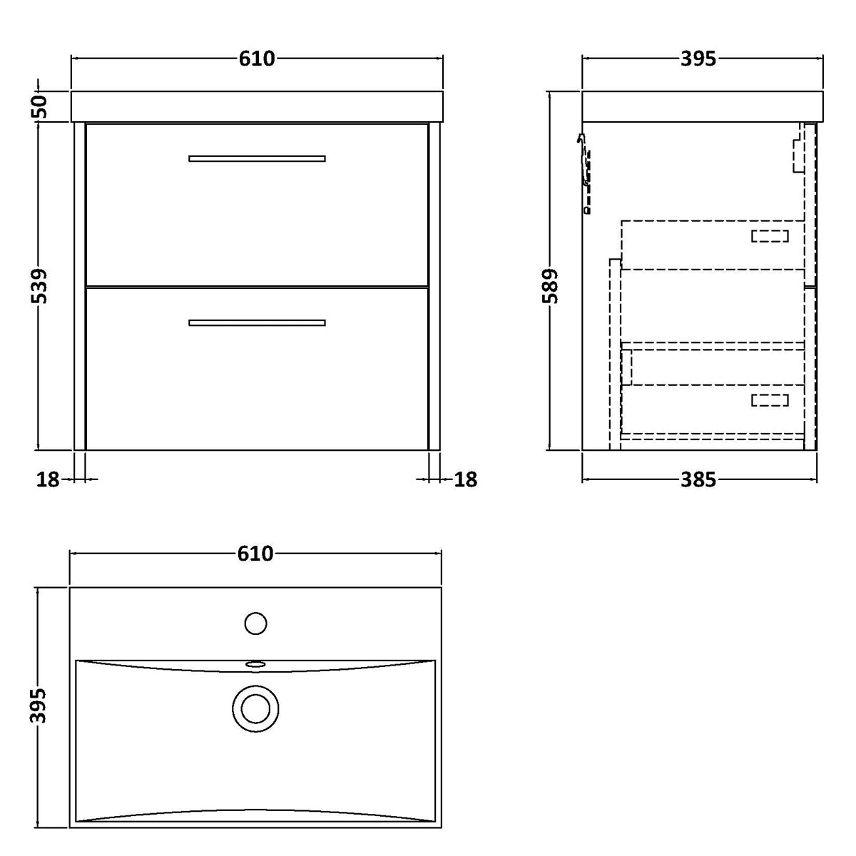 Fairford Anika 600mm Oak Woodgrain 2 Drawer Wall Hung Vanity Unit