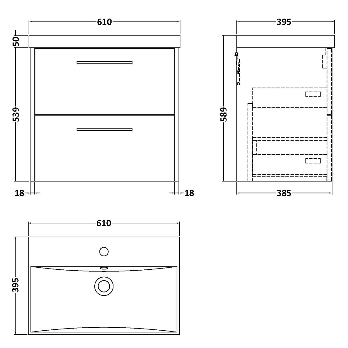 Fairford Anika 600mm White Woodgrain 2 Drawer Wall Hung Vanity Unit