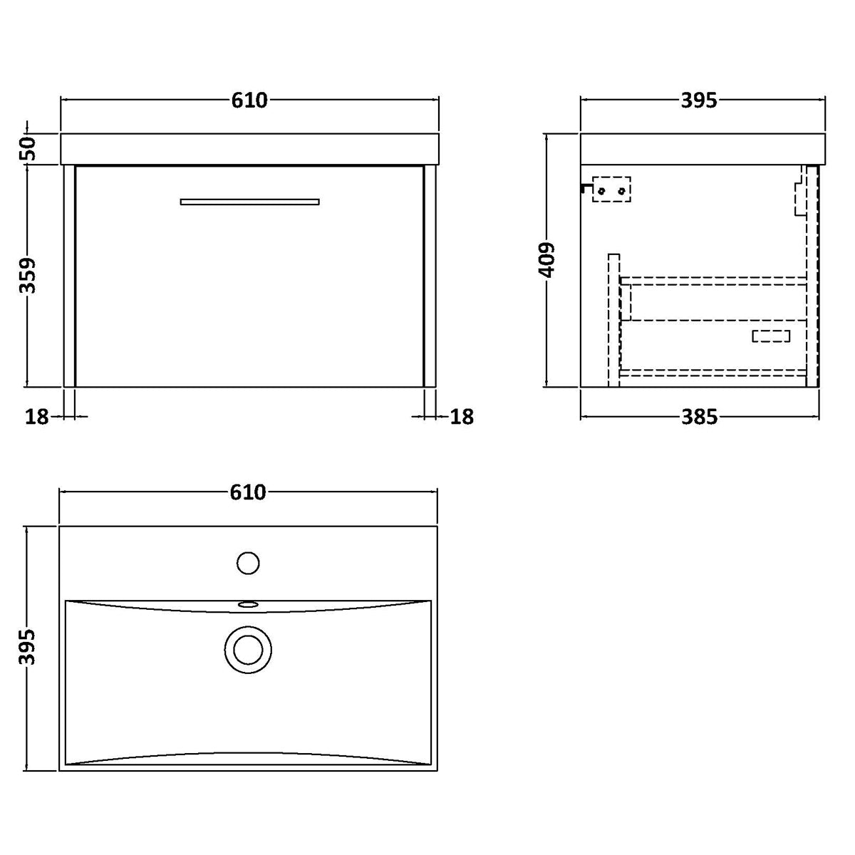 Fairford Anika 600mm Graphite Woodgrain 1 Drawer Wall Hung Vanity Unit
