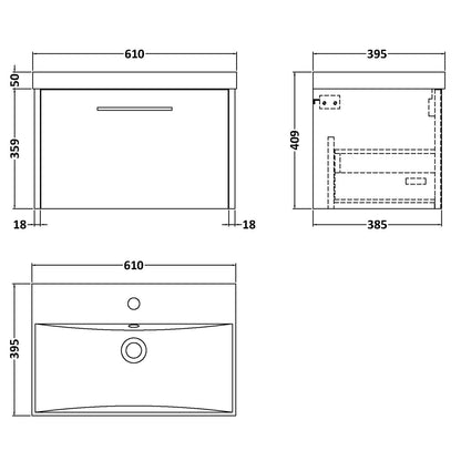 Fairford Anika 600mm Graphite Woodgrain 1 Drawer Wall Hung Vanity Unit