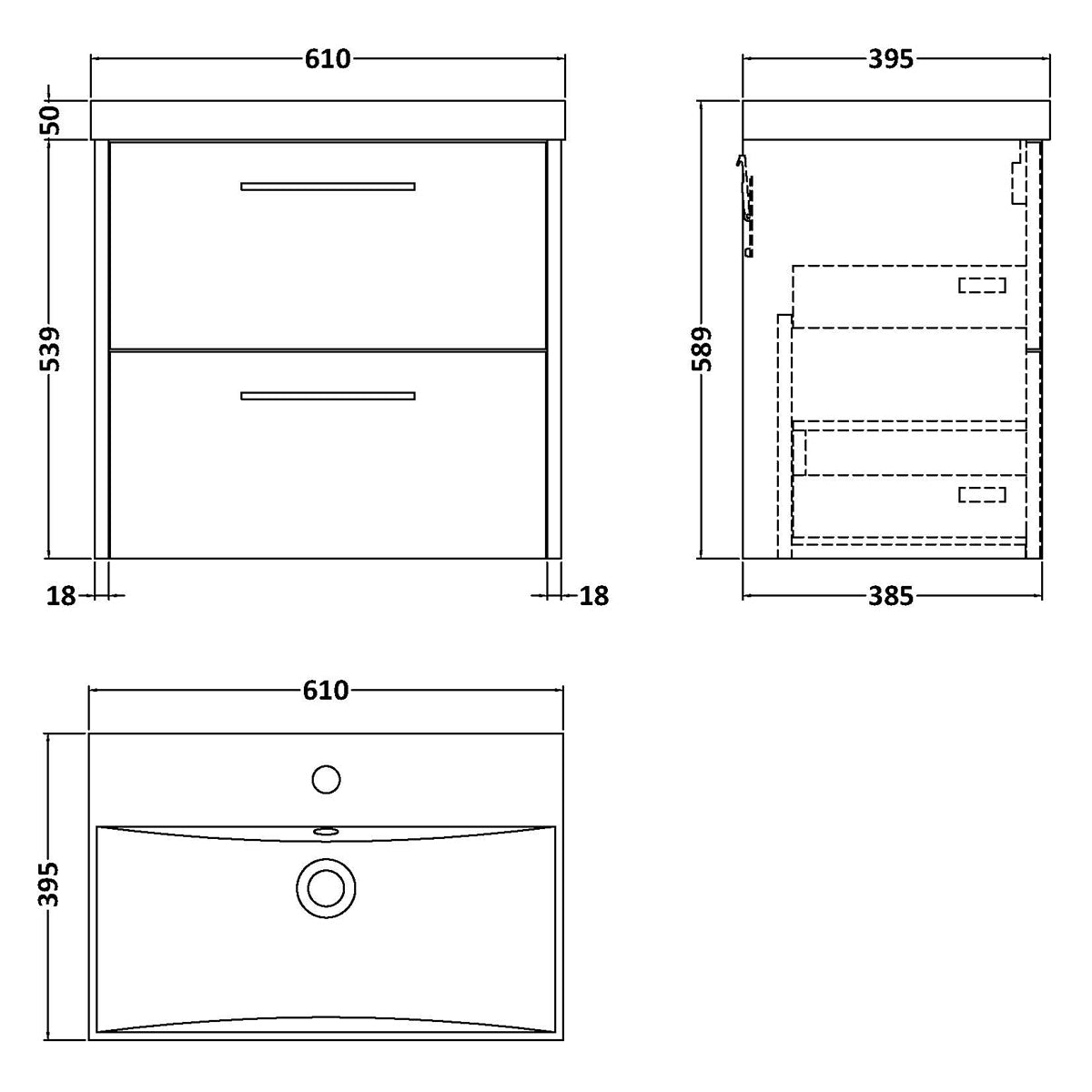 Fairford Anika 600mm Graphite Woodgrain 2 Drawer Wall Hung Vanity Unit