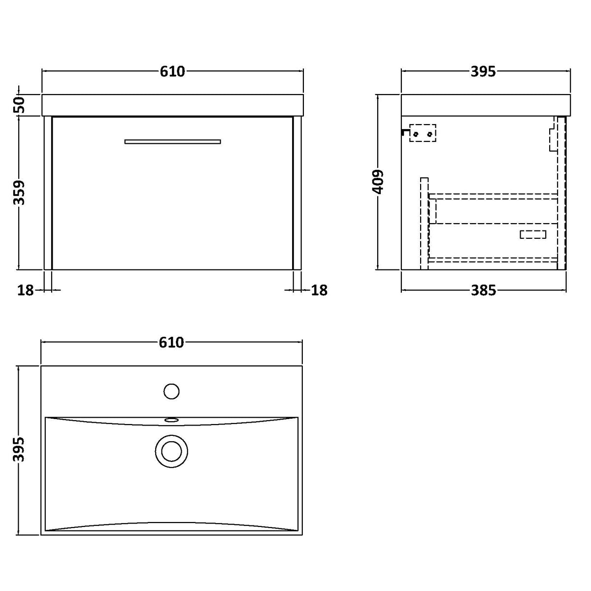 Fairford Anika 600mm Matt Slate 1 Drawer Wall Hung Vanity Unit