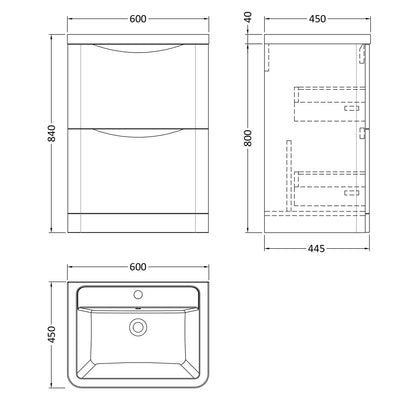 Fairford Eclipse 600mm 2 Drawer Satin White Floor Standing Vanity Unit