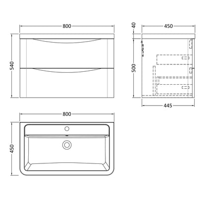 Fairford Eclipse 800mm 2 Drawer Satin White Wall Hung Vanity Unit