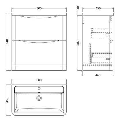 Fairford Eclipse 800mm 2 Drawer Satin Grey Floor Standing Vanity Unit
