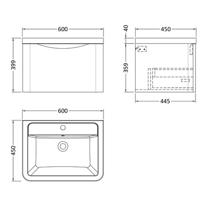 Fairford Eclipse 600mm 1 Drawer Satin Grey Wall Hung Vanity Unit
